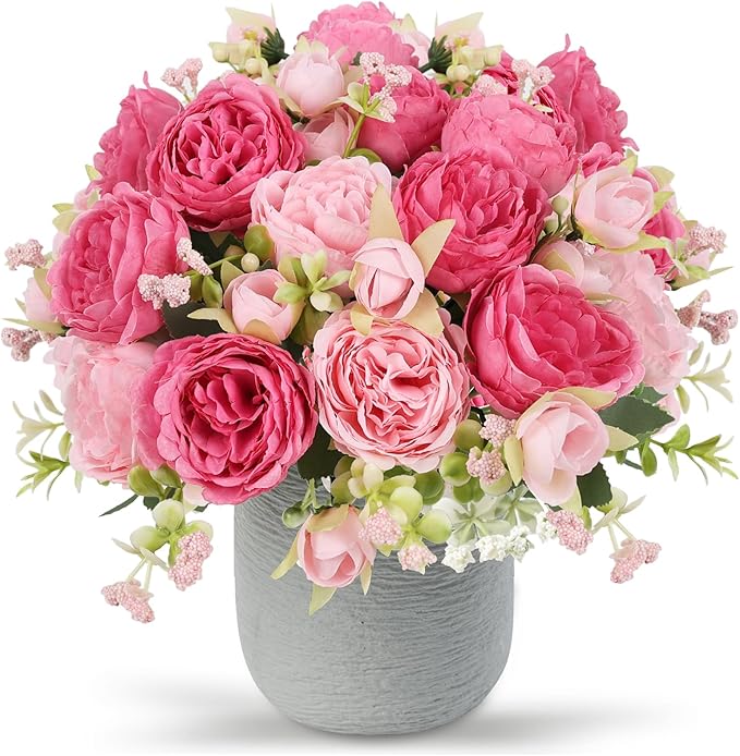 Artificial Peonies Silk Flowers, Pink Faux Peony Bouquet 2 Bundles Florals Arrangements Decor for Farmhouse Home Boho Wedd...