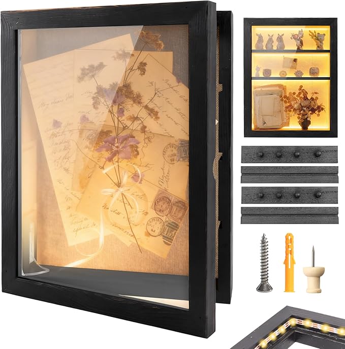 Shadow Box 14x11 Black Picture Frames Display Cases with LED Light,Memory Keepsakes Boxes with 4 Removable Trinket Shelf,f...