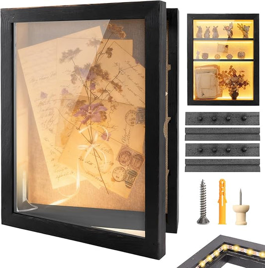 Shadow Box 14x11 Black Picture Frames Display Cases with LED Light,Memory Keepsakes Boxes with 4 Removable Trinket Shelf,f...