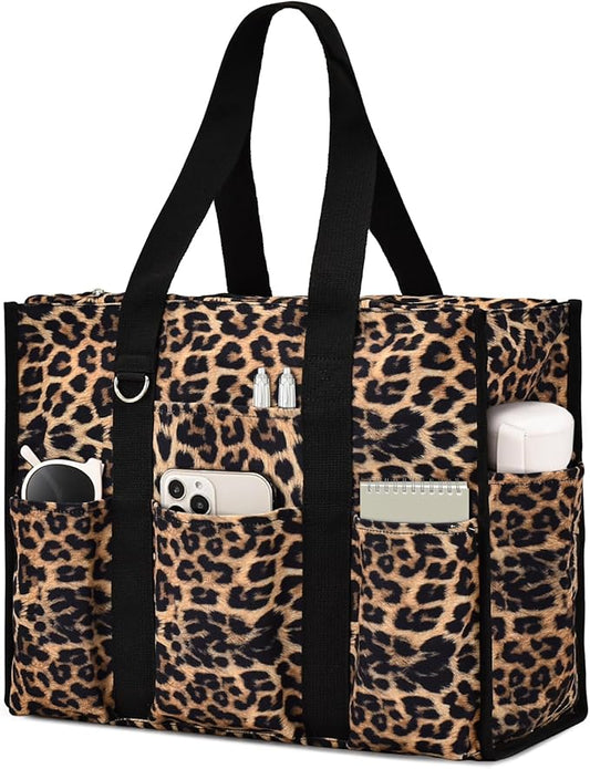 Becokan Large Tote Bag for Women Waterproof with 12 Pockets Top Zipper Closure Utility Teacher Nurse Bags for Work School