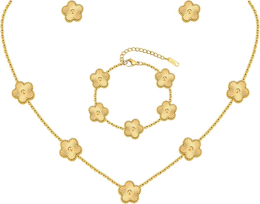 Gold Necklaces Bracelets Earring Set - 18K Gold Plated Flower Bracelet Chain,Stainless Steel Non Tarnish Floral Pendant St...