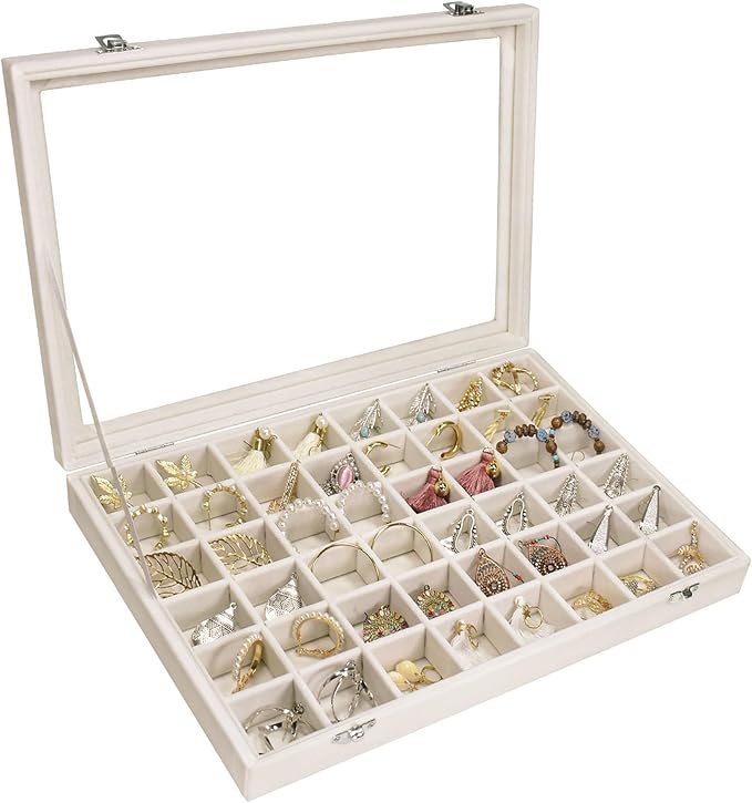 Siveit Velvet Jewelry Tray 48 Grid Jewelry Display Tray Organizer Box with Transparent Lid Rings Earrings Necklaces Pendan...