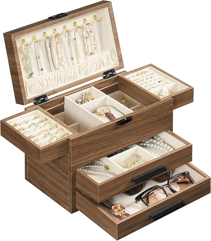 HOOBRO Wooden Jewelry Box for Women Girls, 4-Layer Jewelry Organizer with Vertical Necklace Storage, Large Jewelry Holder ...