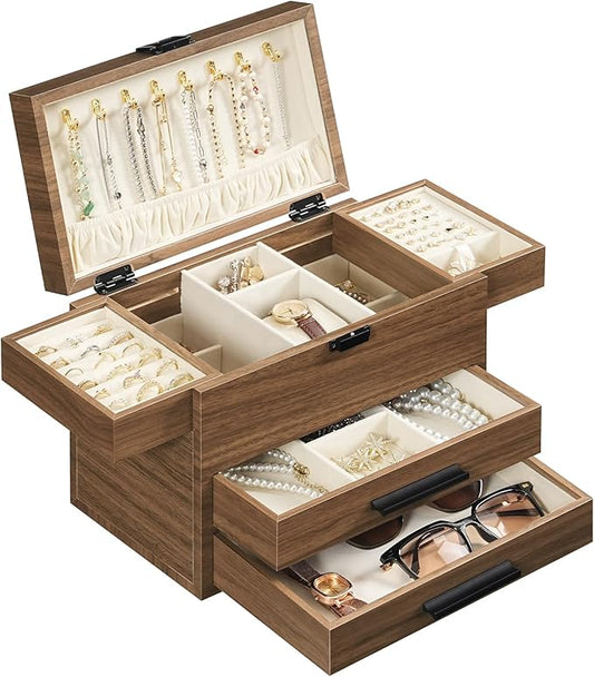HOOBRO Wooden Jewelry Box for Women Girls, 4-Layer Jewelry Organizer with Vertical Necklace Storage, Large Jewelry Holder ...