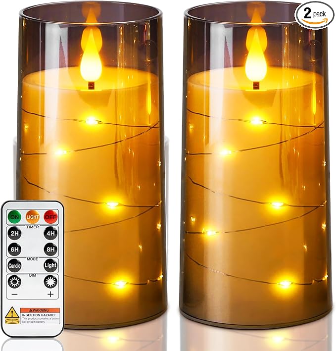 Homemory Flameless Candles with Embedded Star String Fairy Lights, Battery Operated Candles, LED Candle, Fake Candles with...