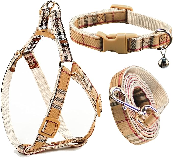 NISIYE Cute Plaid Dog Collar Harness and Leash with Safety Buckle - Adjustable and No Pull Comfortable Dog Collars for Sma...