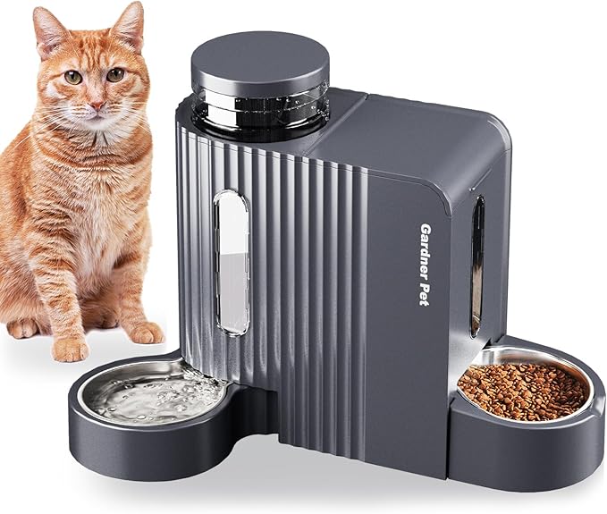 Gardner Pet Automatic Gravity Cat Food Feeder and Water Dispenser Stainless Steel Two-in-One Set Large Capacity Dispenser ...