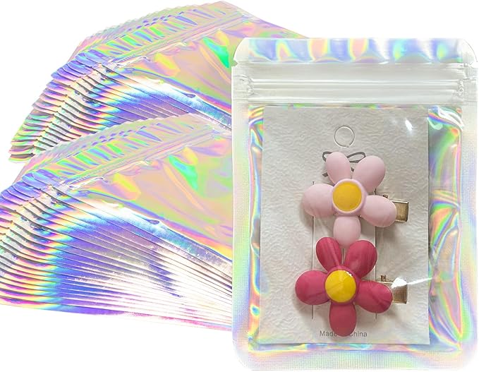 YHJZ Holographic Bags 100pcs Mylar Bags 3x4 inches Resealable Bag with Party Favor Bag Coffee Storage for Small Business