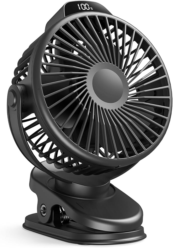 Koonie Portable Clip On Fan, Small Rechargeable Battery Operated, 3 Speed Mini clamp Fan With LED Display, 360° Rotate Per...