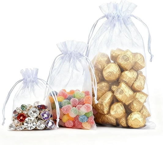 3 Size Organza Bags, 60 Pcs White Mesh Drawstring Gift Bags, Jewelry Pouches for Party Festival Candy Wedding Favors Chris...