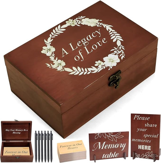 ZYNERY Wooden Memory Keepsake Box for Funeral,115pcs Celebration of Life Memory Cards Set Memorial A Legacy of Love Storag...