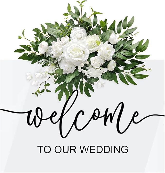 Roahosy Artificial Flower Swag, Wedding Sign Flowers White Rose Flower Arrangements for Wedding Ceremony Reception Entranc...