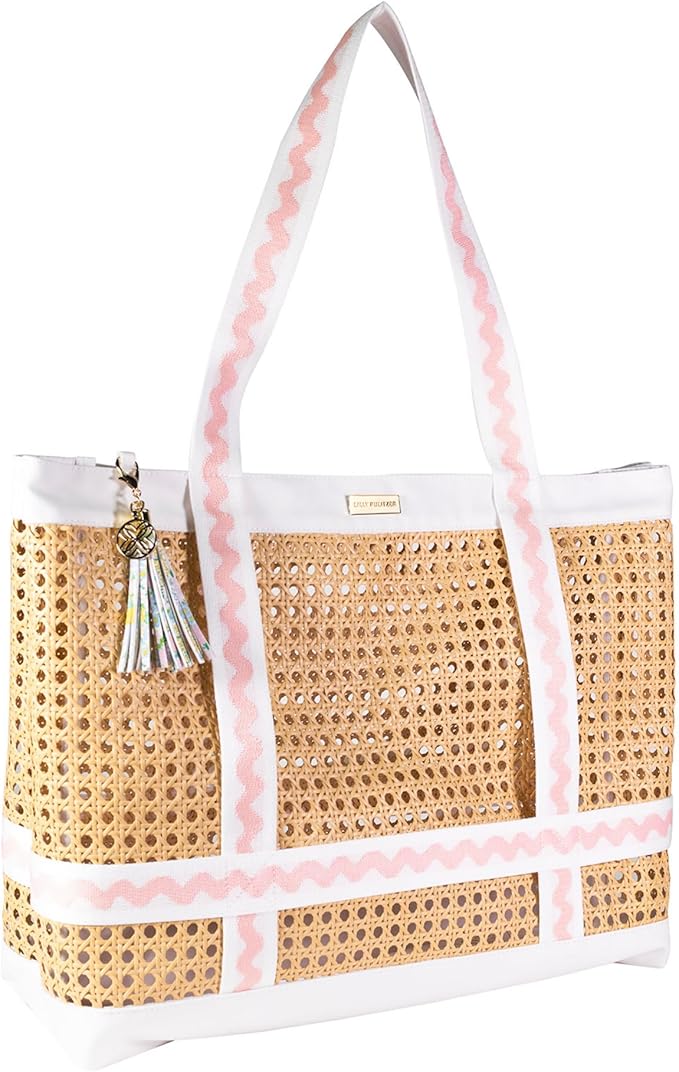 Lilly Pulitzer Large Travel Tote Bag with Hat Holder Strap, Caning Beach Bag with Tassel Keychain