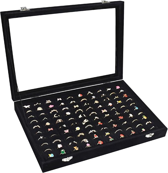 Vicoter Rings Organizer Tray 100 Slot Velvet Ring Earring Storage Box TranSparent Cover Jewelry Store Ring Display Box Jew...
