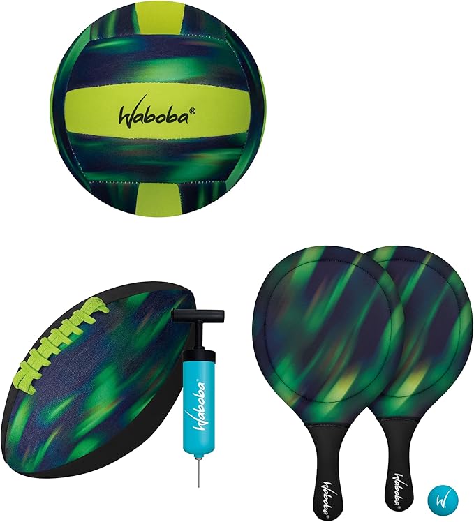Waboba Sport Beach Pack – Includes 9 Inch Water Football, Beach Volleyball & Paddle Set – Perfect Summer Essential Bundle ...