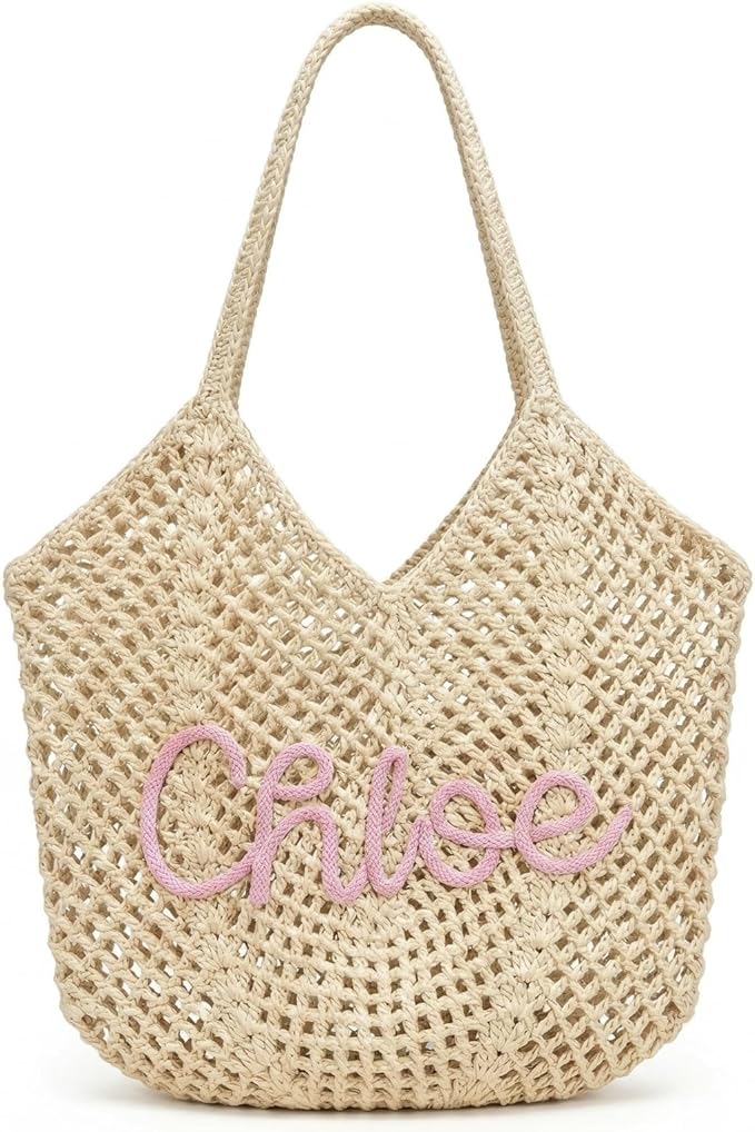 OHWIPI Personalized Crochet Beach Bag for Women, Custom Name Woven Tote Bag, Hand Embroidered Text, Lightweight Summer Bea...