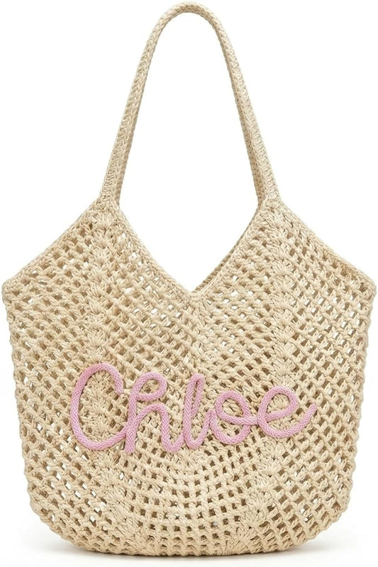 OHWIPI Personalized Crochet Beach Bag for Women, Custom Name Woven Tote Bag, Hand Embroidered Text, Lightweight Summer Bea...