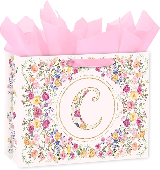 Loveinside 13" Large Floral Monogram Letter C Gift Bag, Personalized Alphabet Flower Initial Gift Bag with Tissue Paper fo...