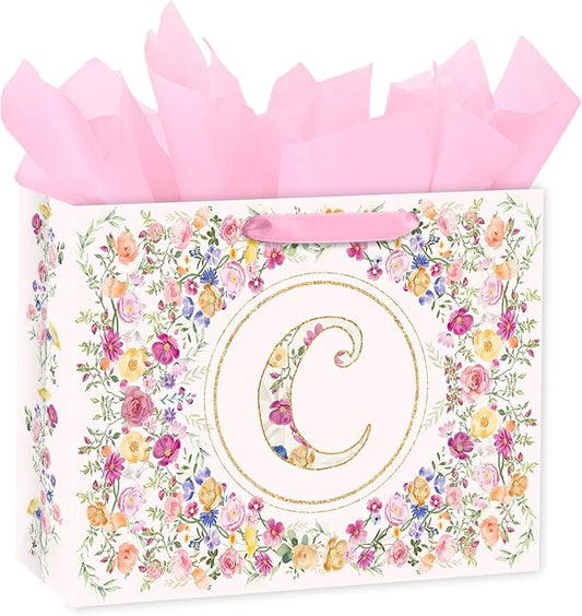Loveinside 13" Large Floral Monogram Letter C Gift Bag, Personalized Alphabet Flower Initial Gift Bag with Tissue Paper fo...