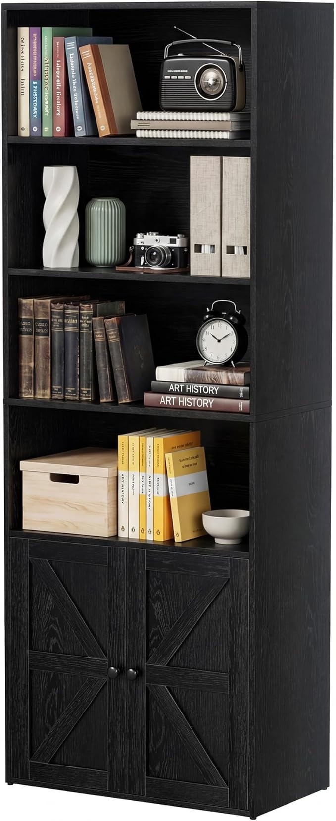 YESHOMY Farmhouse Bookshelf and Bookcase with Doors, Industrial Bookshelves and Bookcases Floor Standing Display 6-Tier Sh...