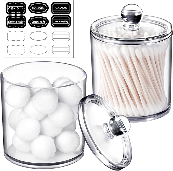SheeChung Clear Acrylic Qtip Holder with Labels–Shatterproof Plastic Apothecary Jars for Bathroom Organization–Vanity Cott...