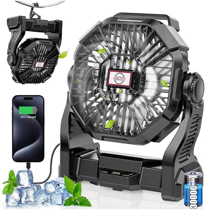 30000mAh Rechargeable Camping Fan with LED Lantern,Portable Battery Powered Outdoor Fan for Bedroom,Camping,Travel,Hiking,...