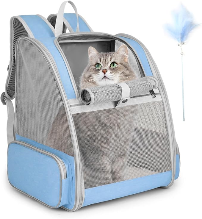 Cat Backpack Carrier, Large Pet Backpack with Kitten Wand Feather Toy for Medium Small Dog Cat Puppy Kitty Bunny up to 15l...