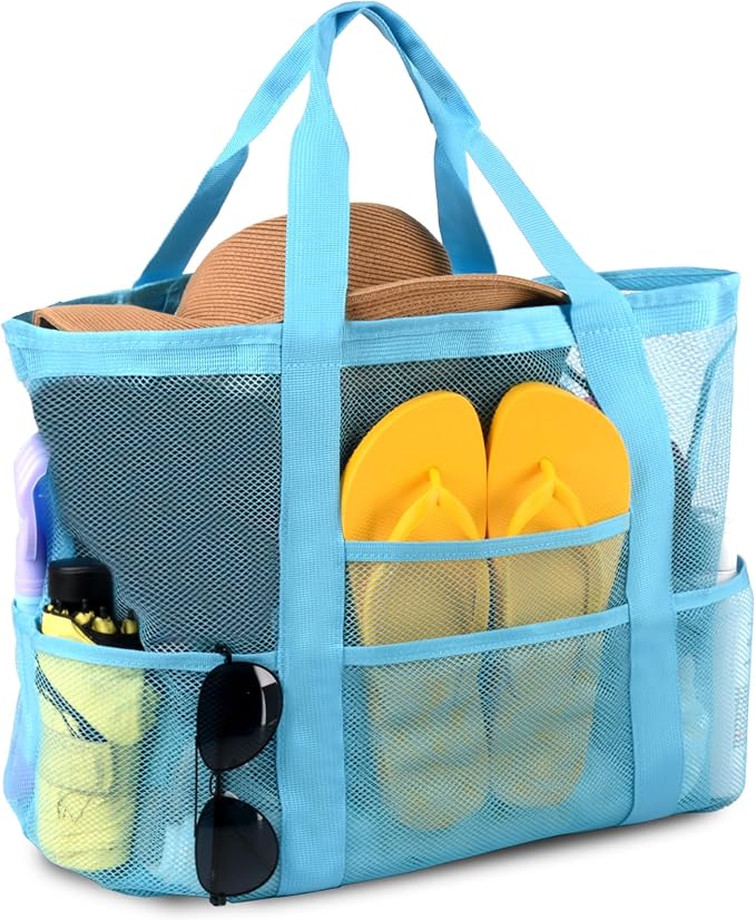CaCTOUR Mesh Beach Bag,Large Beach Bags for Women with 8 Pockets,Packable Tote Bag for Beach Cruise Pool Vacation Essentials