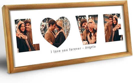 CUSTOM STEWARD Personalized Photo Frame, LOVE Design, Natural Wood with Acrylic Panel, Wall Mount or Tabletop Display, Gif...