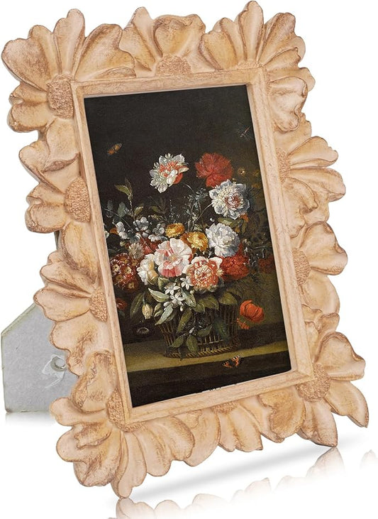 Vintage Picture Frames 4x6, Antique White Beige Ornate Flower Picture Frame with Real Glass, Floral Petal Resin Photo Fram...