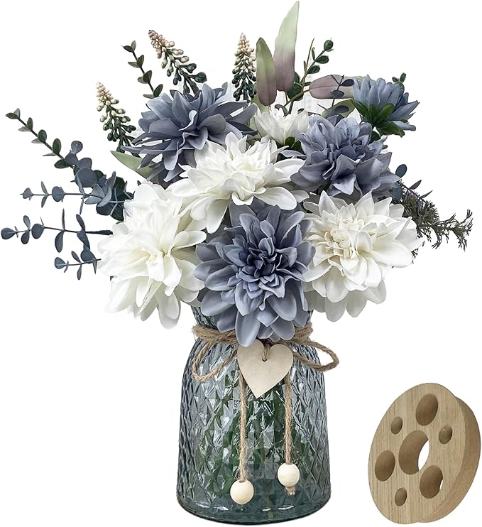 SHINFHOMF Fake Flowers in Vase,8 Dahlias,Silk Artificial Flowers in Vase,Centerpiece Table Decorations,Faux Flowers in Vas...