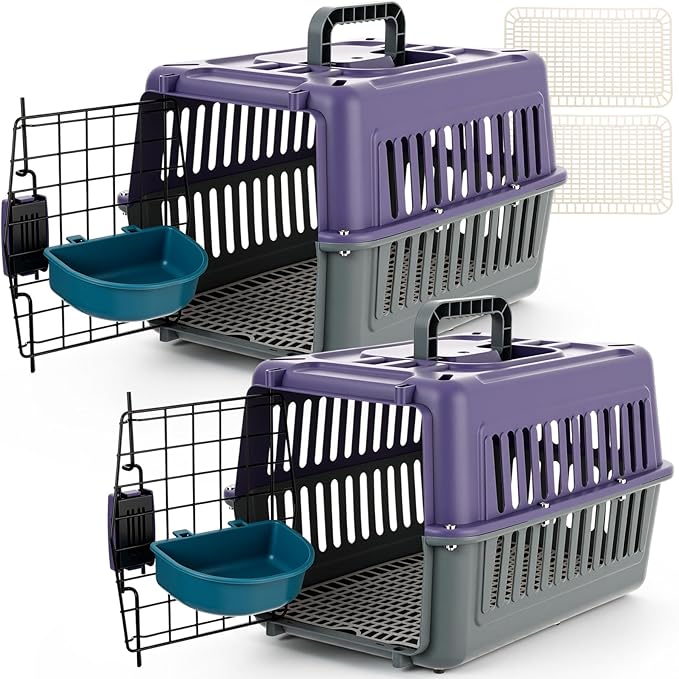 2 Set Travel Pet Carriers for Small Cat Dog Plastic Hard Shell Carrier Cat with Bowl Wire Door Grille Mat Portable Breatha...
