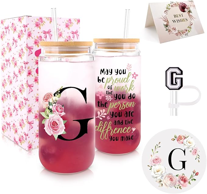 WINOWIMO Initial Glass Cups with Lids and Straws, Personalized Gifts for Women, Iced Coffee Cup Glass Tumbler, Birthday Br...