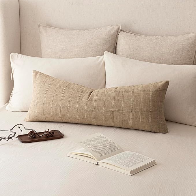 Foindtower Set of 1 Decorative Linen Check Throw Pillow Cover Neutral Farmhouse Lumbar Cushion Cover Soild Modern Coastal ...