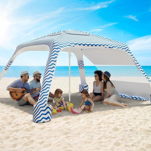 Beach Cabana with 4-Corner, UPF50+ Beach Canopy, Adjustable Height Beach Tent Sun Shelter, Sun Umbrella with Removable Sid...