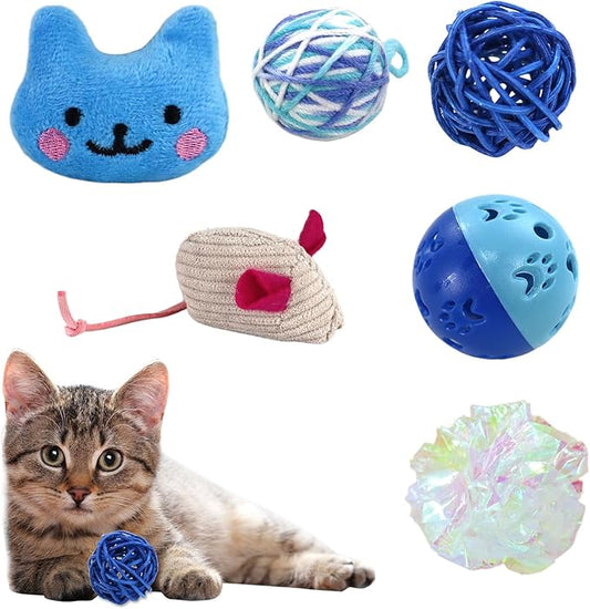 Andiker 6Pcs Cat Toy Pack, Cats Toy Set with Crinkle Balls, Pet Bell Balls, Pet Mouse Toy and Rattan Ball Stimulate Cats H...