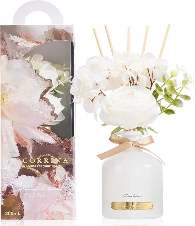 COCORRÍNA Reed Diffuser Set, 6.7oz Flower Reed Diffuser with Sticks, Clean Linen Essential Oil, Long Lasting Home Fragranc...