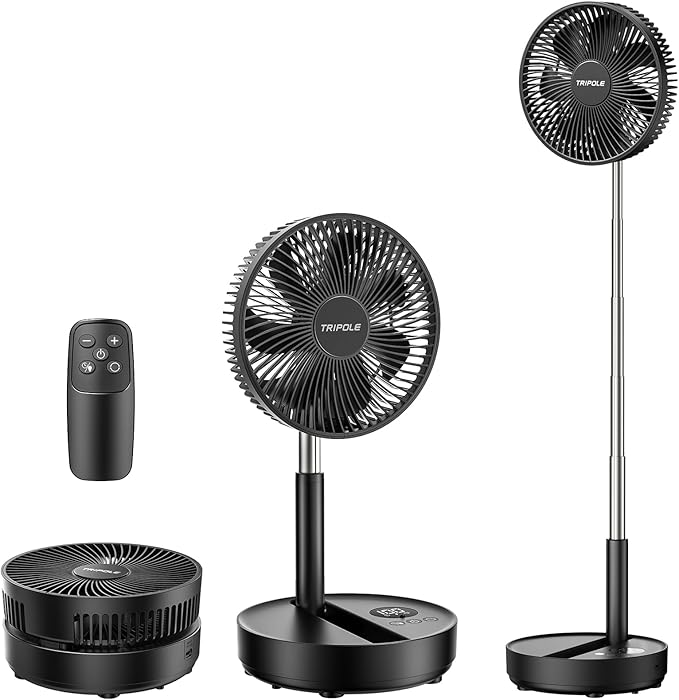 TriPole Portable Standing Fan, 8000mAh Rechargeable Oscillating Fan with Remote, 8.1'' Quiet Pedestal Floor Fan with LED D...
