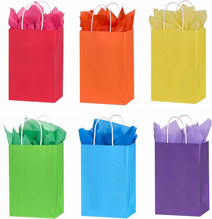 SUNCOLOR Rainbow Gift Bags with Tissue Paper, 24 Pack Small Paper Party Bags, 7.9 x 5.12 x 3.15 Inches, 6 Colors with Hand...