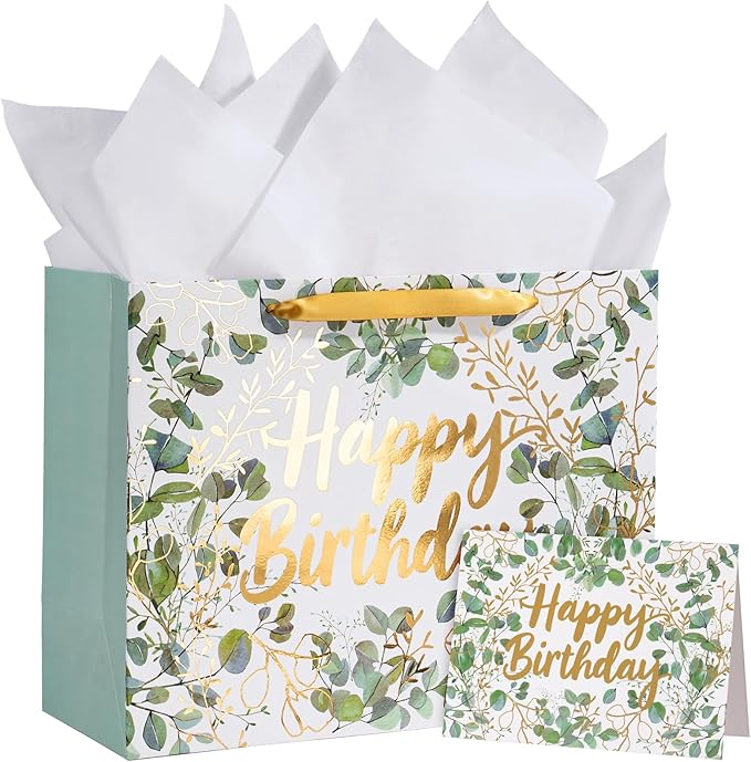 WRAPAHOLIC 13" Large Birthday Gift Bag with Card and Tissue Paper - Green and Gold Foil Eucalyptus Paper Bags for Kids Bir...