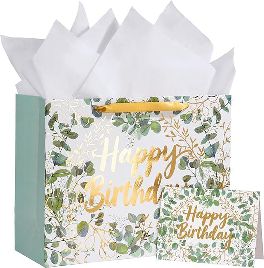 WRAPAHOLIC 13" Large Birthday Gift Bag with Card and Tissue Paper - Green and Gold Foil Eucalyptus Paper Bags for Kids Bir...