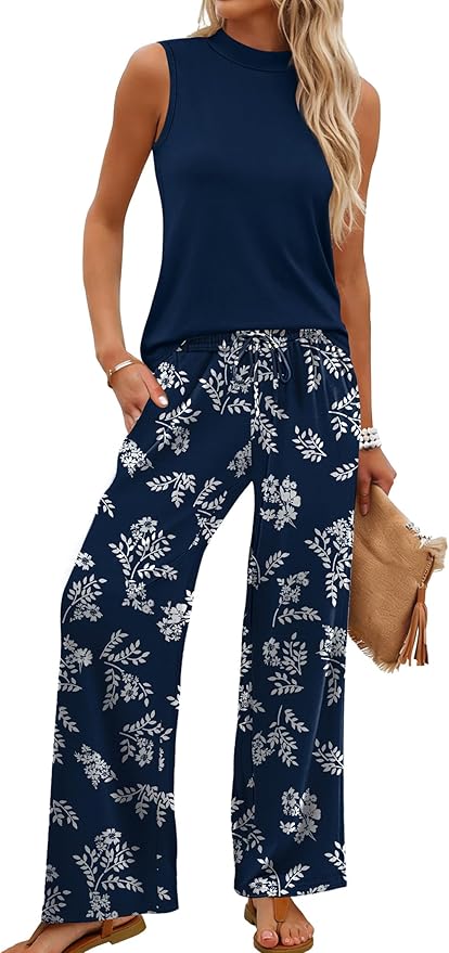 WIHOLL Two Piece Set for Women Summer Spring Outfits Cruise Travel Airport Beach Vacation Mock Neck Wide Leg Pants Set