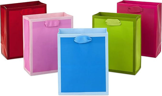 Hallmark 6" Small Solid Color Gift Bags - Pack of 5 in Red, Green, Blue, Light Pink, Hot Pink for Birthdays, Holidays, Par...