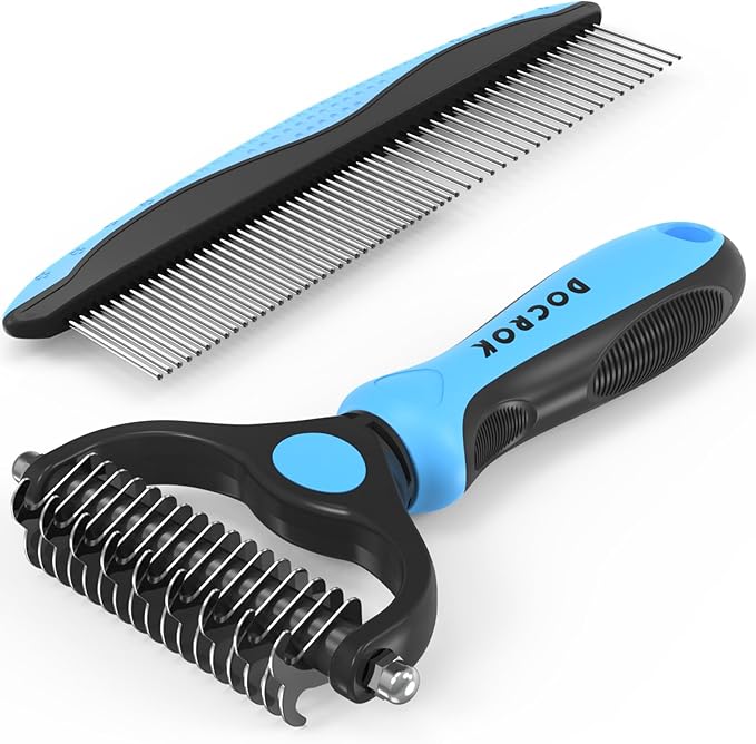 Docrok Pet Grooming Combo - Blue Deshedding Brush with Metal Comb for Detangling and Dematting Long, Matted Fur on Cats an...