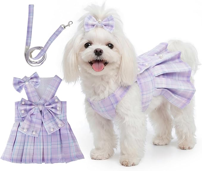 Yymobt Cute Plaid Dog Dress Clothes for Small Dogs Cats Girl Purple Plaid Dog Dress with Pearls Bow Tie Harness Leash for ...
