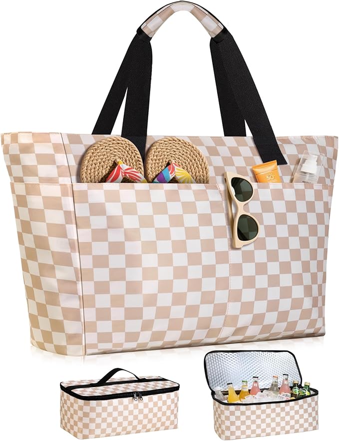 ISEYOU Beach Bag and Cooler Bag Set, 45L Waterproof XXL Foldable Tote with Zipper, 8 Pockets for Pool, Picnic, Travel