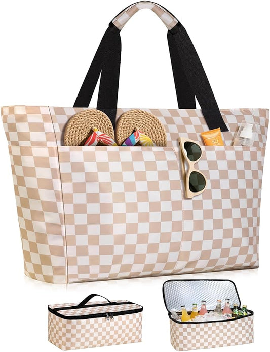 ISEYOU Beach Bag and Cooler Bag Set, 45L Waterproof XXL Foldable Tote with Zipper, 8 Pockets for Pool, Picnic, Travel