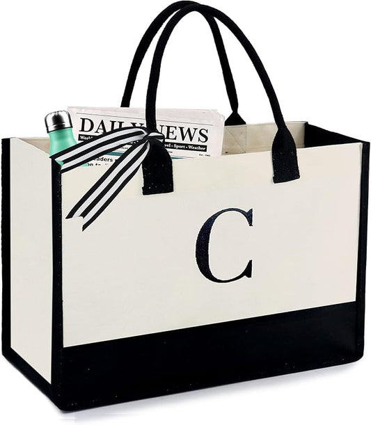BeeGreen Embroidery Monogram Initial Tote Bag for Women Teacher Mom Friend Personalized Gift for Birthday Beach Work Wedding