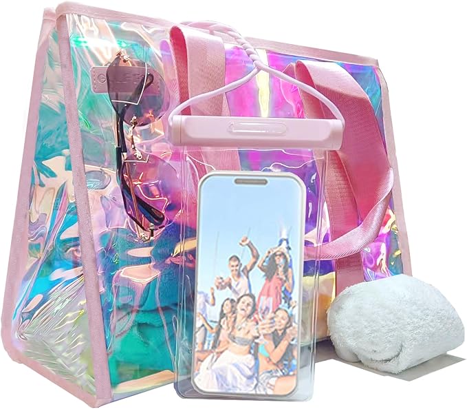 GolfFox 26L Extra Large Iridescent Beach Bag Set - Pink Tote Bag with Zipper & Waterproof Touchscreen Phone Pouch，Perfect ...