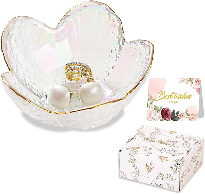 White Flower Jewelry Dish Glass Ring Dish Jewelry Tray Cute Vanity Organizer Room Decor Aesthetic Nightstand Bathroom Deco...